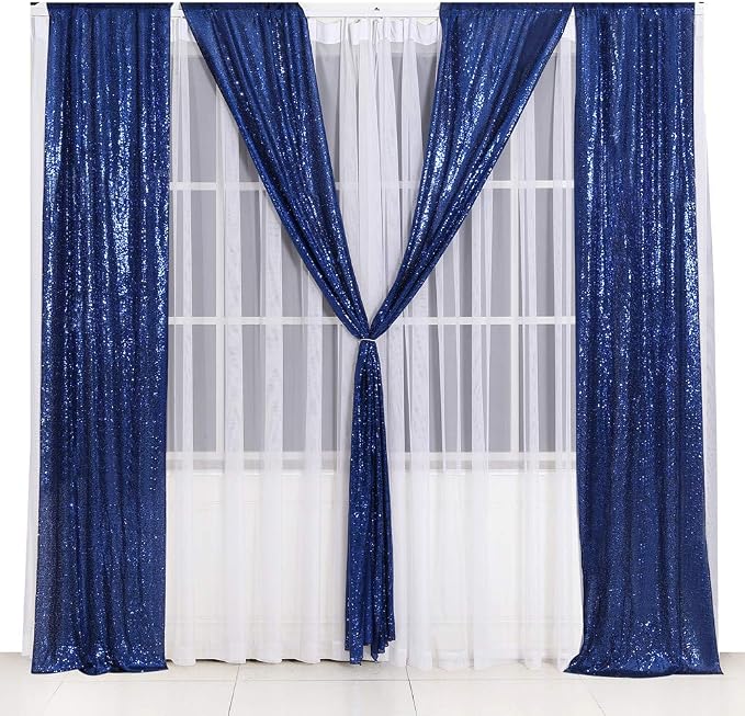 SquarePie 2 PCS 2x8ft Navy Blue Sequin Backdrop Curtains, Satin-Backed Shimmering Photo Booth Background, 2 Panels Narrow Real Sequin Drapes with 4" Rod Pocket for Party, Baby Shower, Doorway Decor