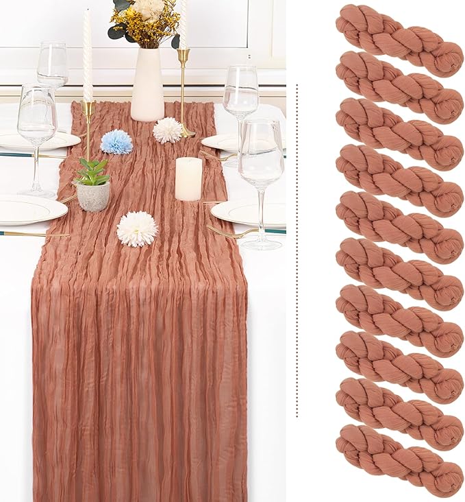 10 Pack Cheesecloth Table Runner - Dusty Blush Gauze - 10FT Long Semi-Sheer - Boho or Rustic Wedding Table Decor for Arch Draping & Holidays
