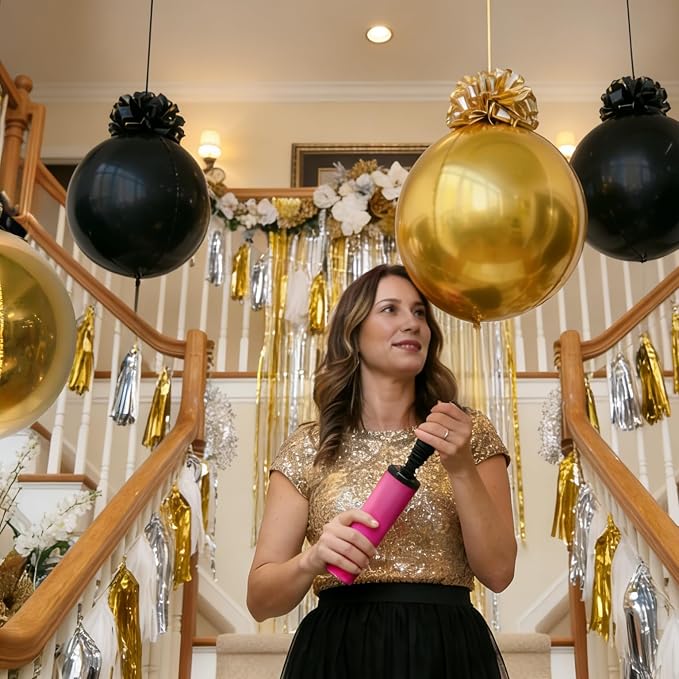 6 Pack Black and Gold Balloons, 22 Inch 4D Metallic Orb Hanging Balloons with 12 Pull Ribbon Bows, Ceiling Party Decorations for Birthday, Graduation 2026, Men’s Birthday and Old Money Party Decor