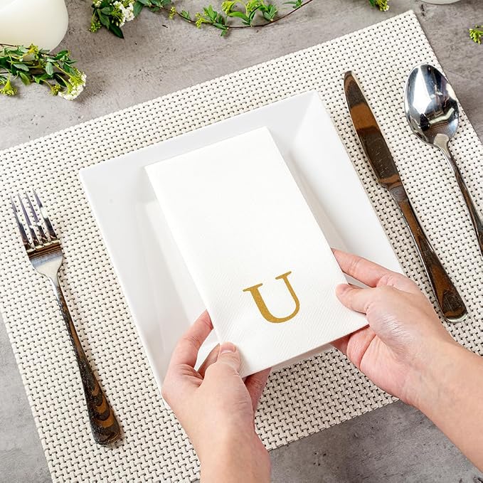 Luxenap 15.8 X 7.9 Inch Linen-Feel Guest Towels, 2000 Lettered Hand Towels - Gold Letter 'U', Sans Serif Font, White Paper Dinner Napkins, airlaid, For Restrooms And Tables