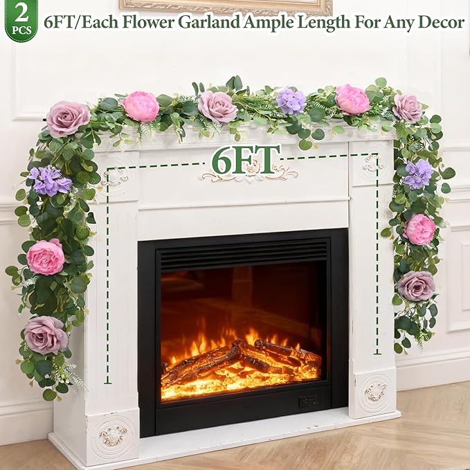 Livole 2Pcs 12 Ft Artificial Flower Garland Fake Pink Rose Peony Floral Garland with Eucalyptus Flower Hanging Vine for Wedding Arch Table Centerpieces Backdrop Party Home Decorations