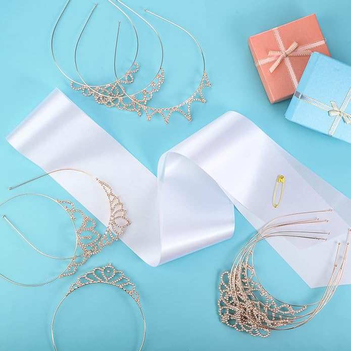 12 Set Crown and Sashes Set Blank Satin Sashes for Pageants Rhinestone Prom Queen Tiara Crown White Blank DIY for Birthday Holiday Wedding Bridal Shower Prom Party Supplies