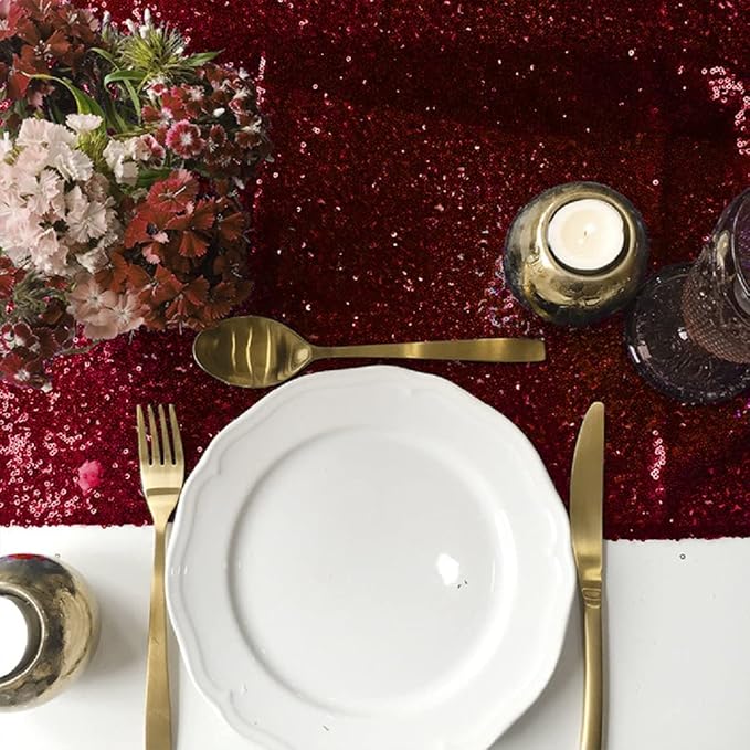 JYFLZQ Burgundy Sequin Table Runner 12" x 108" Pack of 5 Glitter Sequin Fabric Table Linens - Sparkly Runners for Wedding & Birthday Party Decor