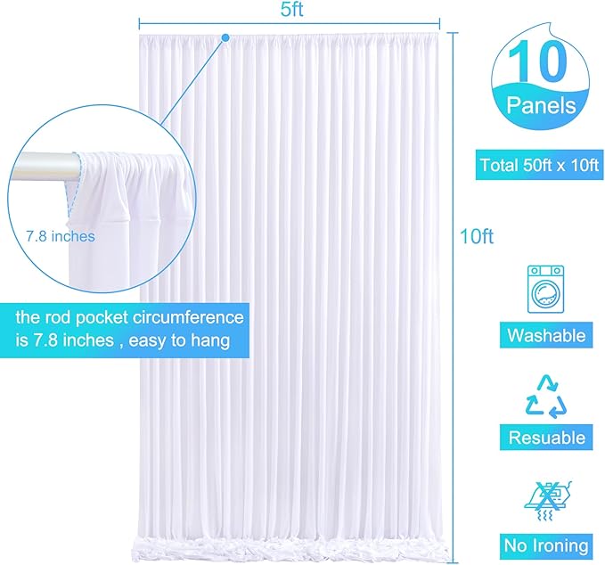 10 Panels White Backdrop Curtain for Parties Wedding Wrinkle Free 50ft x 10ft Backdrop Drapes for Baby Shower Gender Reveal Birthday Photo Photography Polyester Fabric Background Decoration