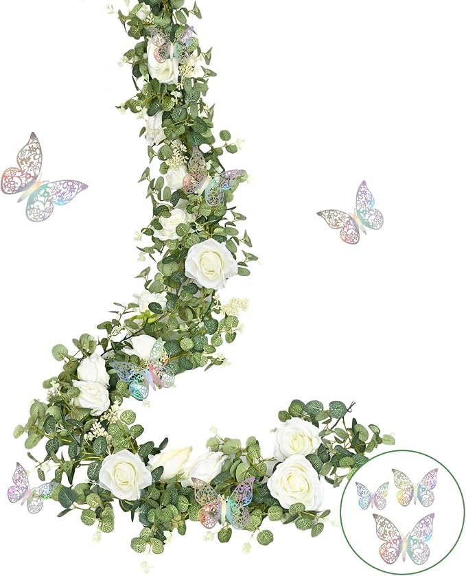 Yastouay 6 Ft Fuller White Flower Garland with Butterfly, Artificial Eucalyptus Garland with Flowers Fake Rose Vine Garland for Table Centerpiece Wedding Arch Baby Shower Party Room Backdrop Decor