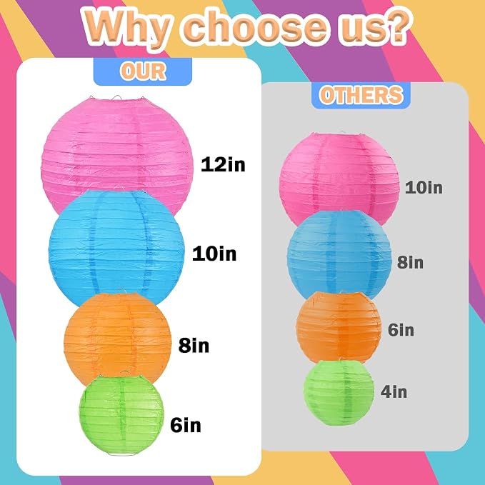 Colorful Paper Lanterns, 24Pcs Hanging Lanterns for Classroom & Party Decor | 6-12 Inch Assorted Rainbow Lantern Set for Birthdays, Summer Parties, Weddings, Baby Showers and Colorful Hanging Decor