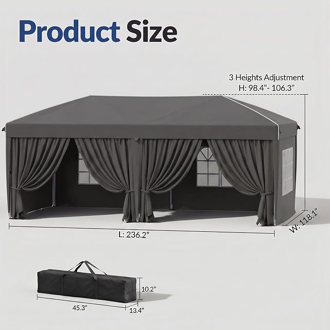 10x20 Pop Up Canopy with Sidewalls, Instant Tent with Carry Bag, Sandbags, Height Adjustable Waterproof Outdoor Canopy, Outdoor Canopy for Events, Camping, Parties (with Reflective Strips)
