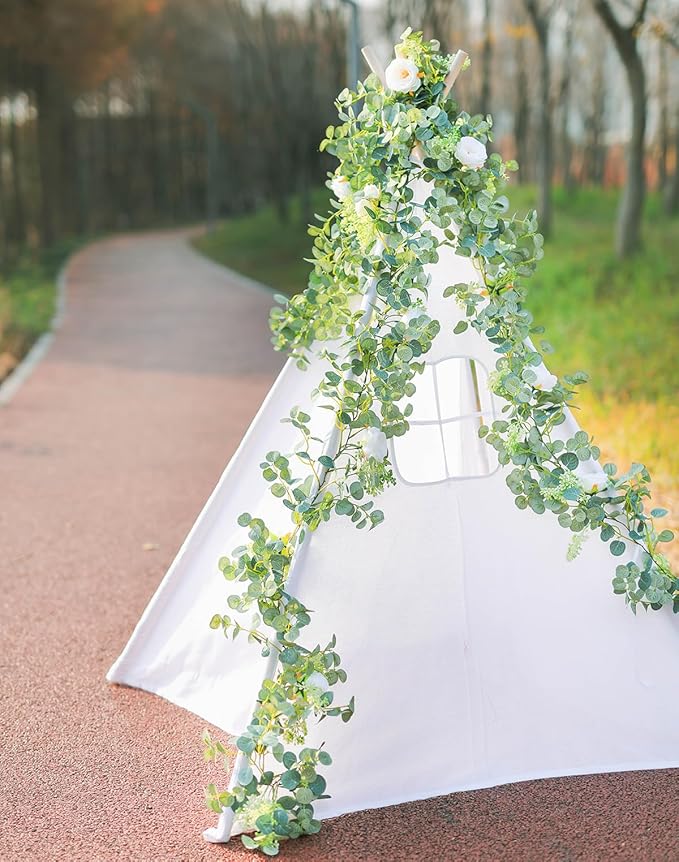 PARTY JOY 2pcs 6.56ft Eucalyptus Garland with Flowers-8 White Roses, Artificial Fake Flowers Greenery Garland Floral Vines for Decoration Party Wedding Table Indoor Outdoor Backdrop Wall Decor(White)
