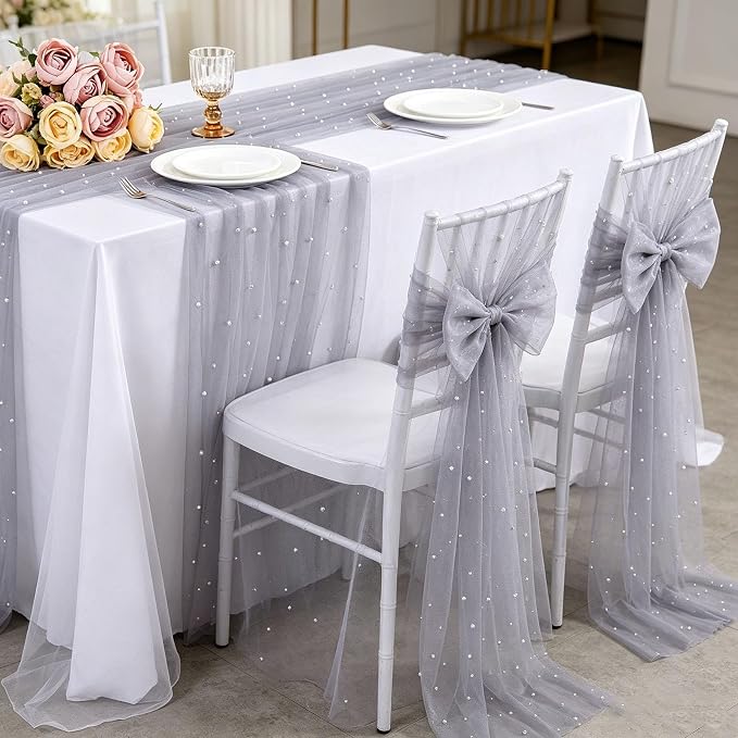 Pearl Gauze Table Runner Tulle Fabric: 10ft Seasonal Dessert Chiffon Pearl Lace Boho Overlay Wedding Veil Outdoor Wedding Aisle Runner Party Decorations Doilies, Gray