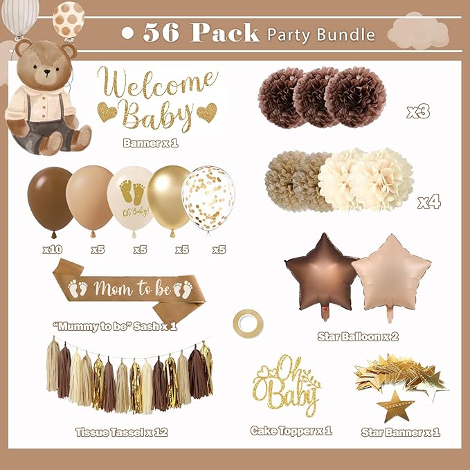 Baby Shower Decorations Neutral, Brown Nude Balloons Welcome Baby Banner, Cake Topper, Paper Pom Poms Tassels, Sash for Baby Shower Party Supplies