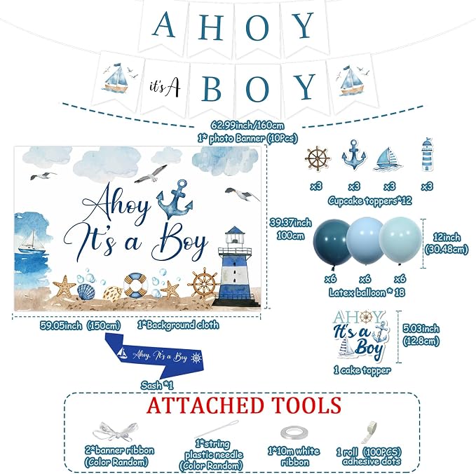 Ahoy It's a Boy Baby Shower Decorations Blue Nautical Backdrop Banner Navy Blue Cake Cupcake Topper Sash Latex Balloons Ocean Ship Anchor Lighthouse Decor for Sailor Theme Baby Shower Ocean Party