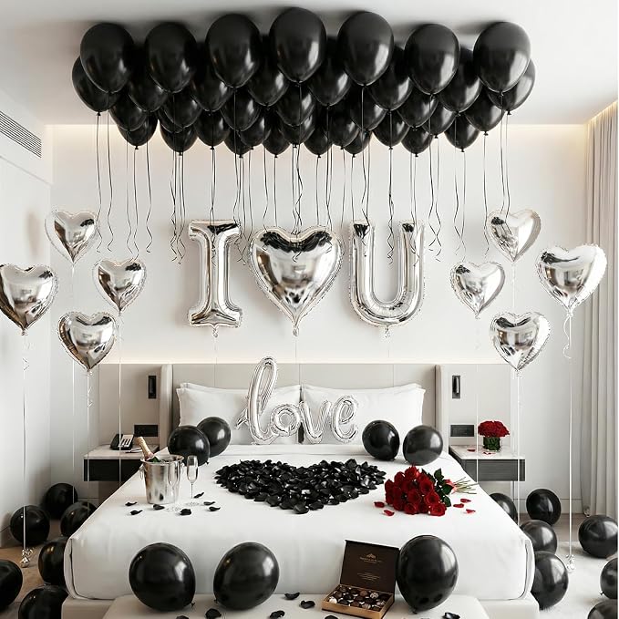 Romantic Special Night Decorations - Black Silver Theme with I LOVE YOU & Silver Hearts Balloons, Black Rose Petals for Anniversary, Valentine Day, Bedroom, Hotel Room, Birthday Surprise