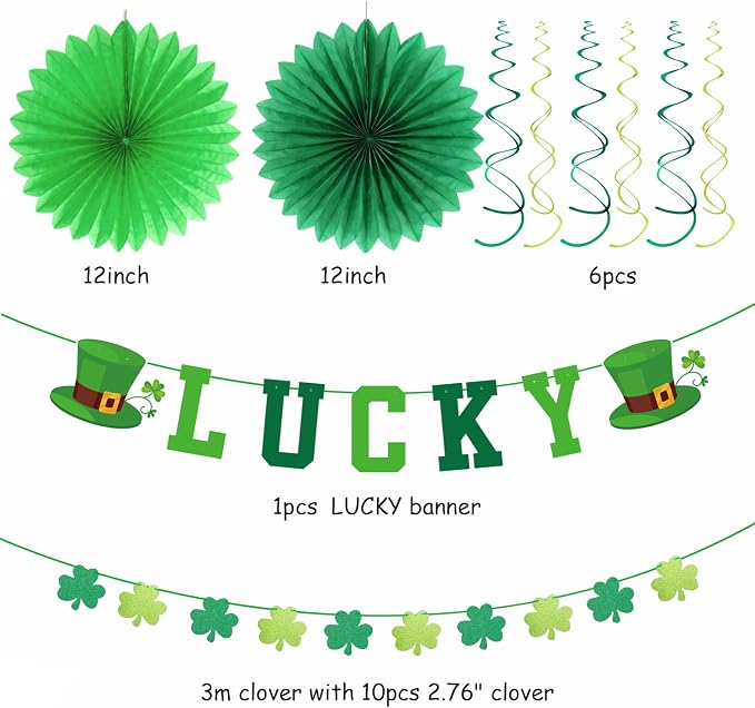 St-Patricks Day Decorations Saint-Patrick's Party Decor - 22pcs Lucky Banner,Green Shamrock Garland Paper Lanterns, Tissue Pom Poms Honeycomb Balls Flowers Fans Favors Supplies Hugmoon