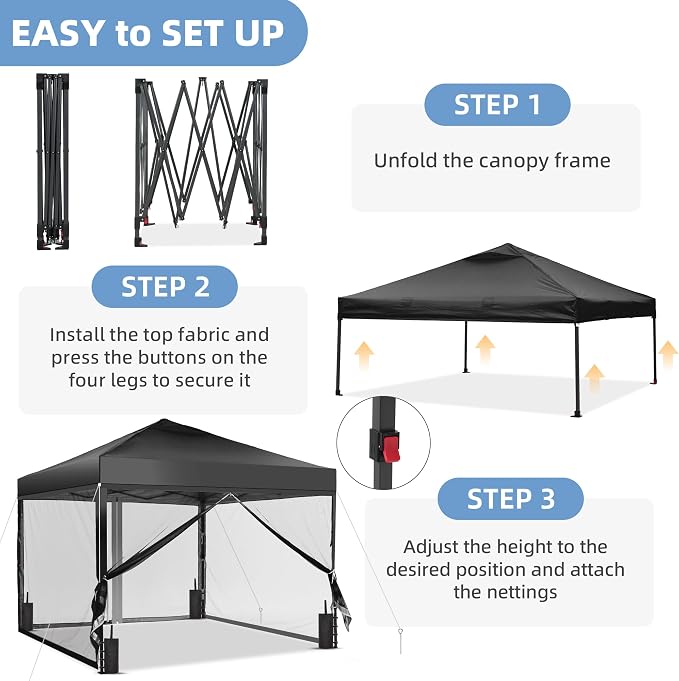 GDY 10x10 Pop up Canopy Tent with Mosquito Netting, Easy up Gazebo for Patio, Camping and Garden, Includes 4 Sandbags, Black