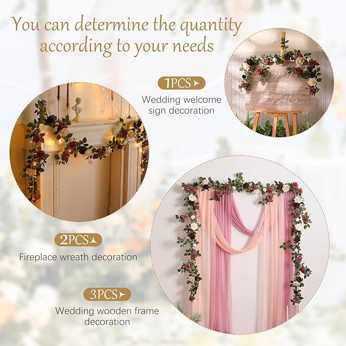 5FT Artificial Rose Flower Burgundy Fake Floral Garland for Wedding Ceremony Backdrop Arch Flowers Table Centerpieces Decorations