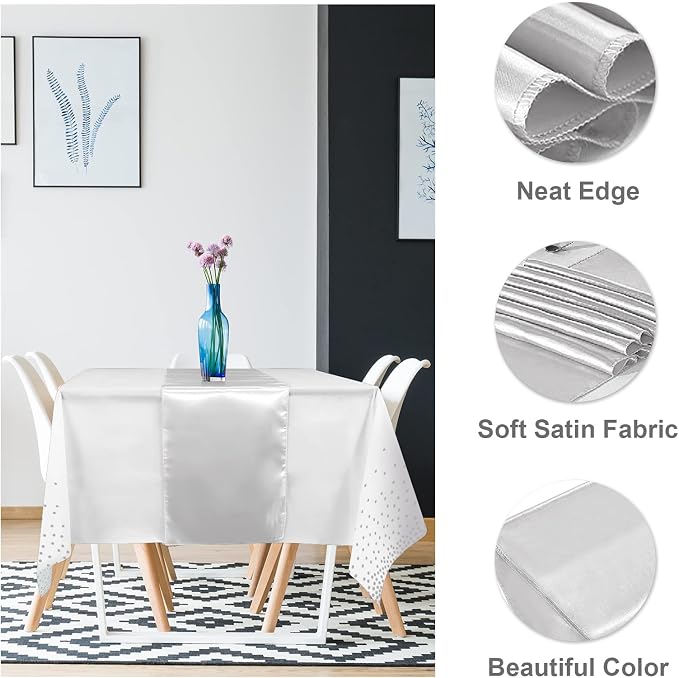 MASHAN 24Pack Disposable Plastic Tablecloths and Satin Table Runner Set White and Silver Dot Tablecloth Silver Satin Table Runner for Wedding Birthday Baby Shower Christmas New Year Party Decorations