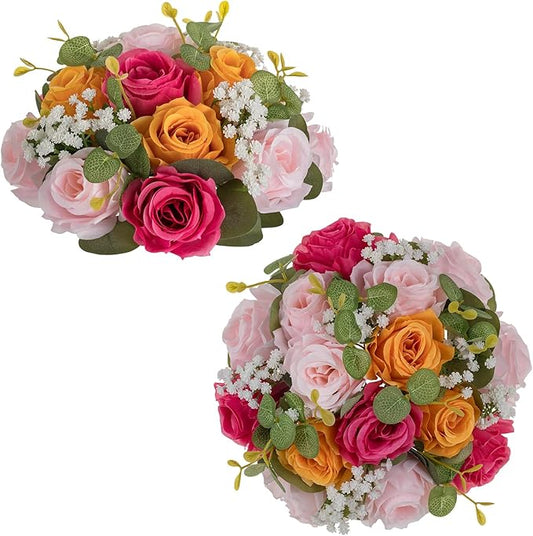 NUPTIO Flower Ball Centerpieces for Tables: Hot Pink & Orange & Pink Artificial Rose Arrangements for Wedding Party - 2 Pcs Faux Floral Baby Breath Kissing Balls for Spring Home Event Decor