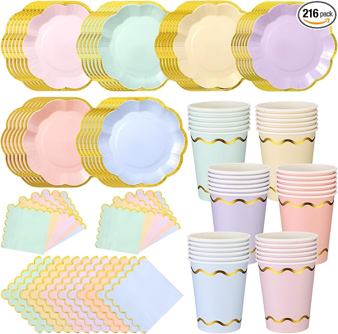 Yungyan 216 Pcs 72 Guest Pastel Paper Plates and Napkins Sets Pastel Party Supplies Gold Foil Scalloped 6" Plates 9 oz Cups Disposable Tableware Set for Birthday Wedding Baby Shower Supplies