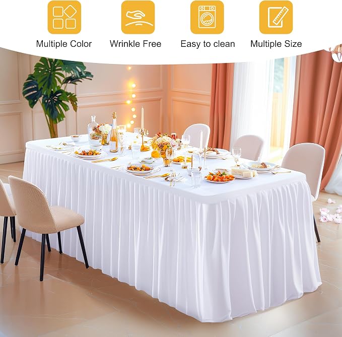 6 Packs White Tableclothes for 8 Foot Rectangle Tables, Wrinkle Free Fitted Table Cloth 8ft Stretch Table Cover with Skirt for Parties Weddings Birthday Banquet Baby Shower