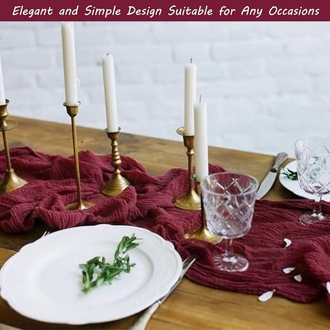 12 Pack 13Ft Cheesecloth Table Runner 35x157 Inch Boho Gauze Rustic Long Table Runner for Wedding Bridal Shower Birthday Party Table Decor (Burgundy)