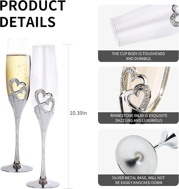 4 Piece Champagne Flutes and Cake Knife Server Set, Bride and Groom Toasting Flutes with Cake Cutting Set, Diamond Champagne Glasses Set for Wedding Reception Anniversary Party House Warming, Silver