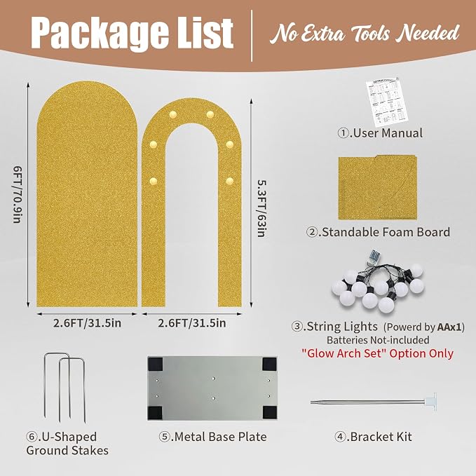 6FT Arch Backdrop with Stand Set, Lighted Arch Set, No-Tip Stability Glow Foam Board Photo Booth Background for Wedding Birthday Party Ceremony Baby Shower Banquet Decoration Reusable - BlackGold
