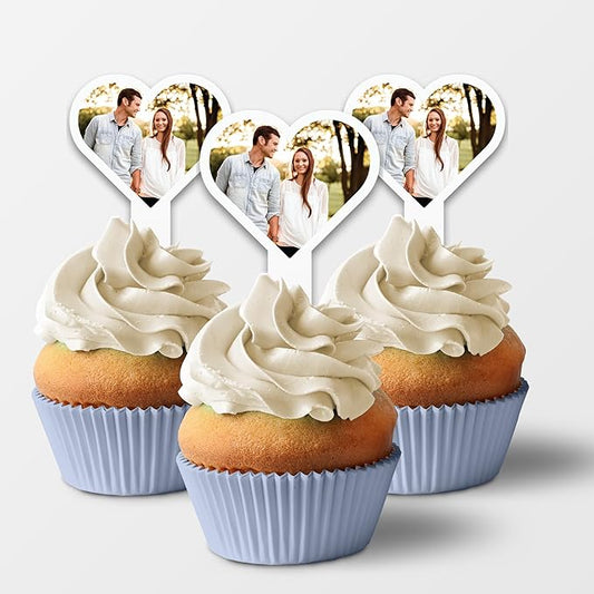 50 Pack of Custom Photo Cupcake Toppers, Plastic Personalized Cupcake Picks 2x4 Inches, Upload 1 Photo, American Made (Heart Shape)
