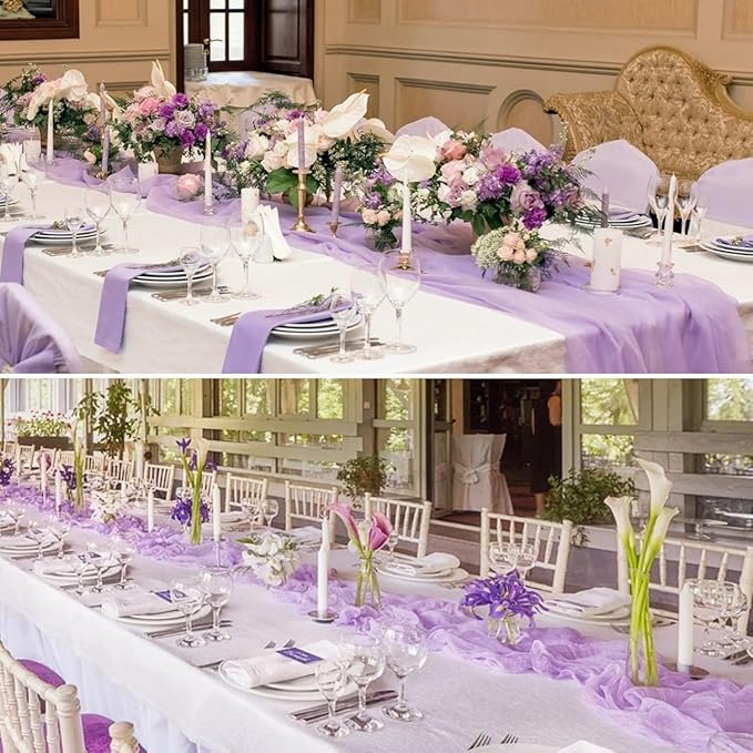 16 Pack Purple Lavender Cheesecloth Table Runner 35x120 Inch Boho Rustic Gauze Table Runners, 10Ft Long Sheer Purple Lavender Cheese Cloth Table Runners for Wedding Bridal Shower Party Table Decor