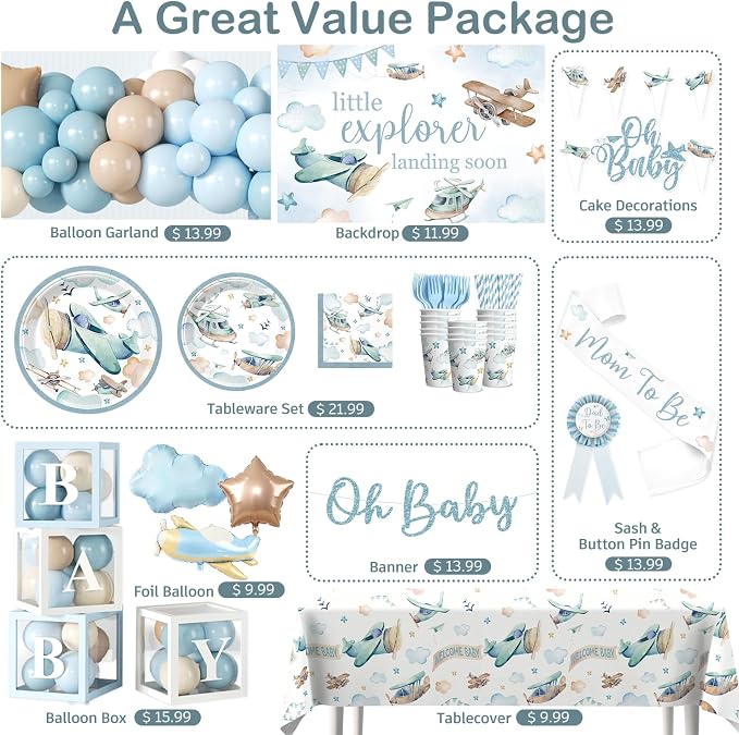 cocomigo Airplane Baby Shower Decorations for 25 Guests, 288PCS All-in-One Blue Baby Shower Decorations Boy Set with Banner, Balloon, Plates, Backdrop Cupcake Toppers & Centerpieces, Easy Setup