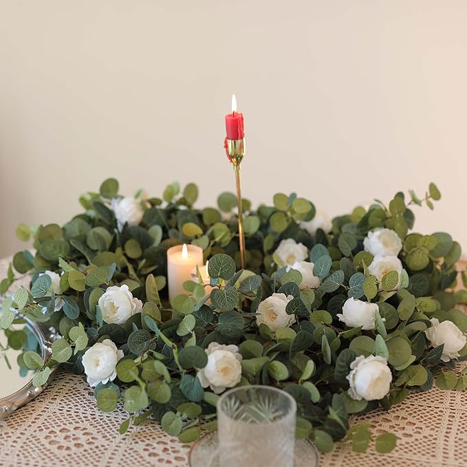 MISSPIN 2pcs Artificial Flowers Garland Spring Eucalyptus Garland Vintage Fake Flower Peony Rose Vine Greenery Decorative Wall Hanging Plant for Wedding Arch Door Arrangement Party Decor (White,2pcs)