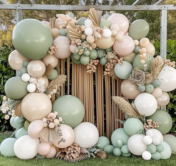 Sage Green White Balloon Garland Double Stuffed Dusty Green Cream Sand White Beige Latex Neutral Balloons Arch Kit for Boho Baptism Baby Shower Birthday Wedding Decoration