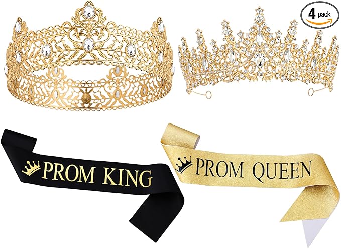 Retrowavy 4 Pcs Prom King and Queen Crown Set with Sashes Prom King Queen Sash and Tiara Set for 2026 Grad Birthday Carnival Wedding Costume Accessories(Gold)