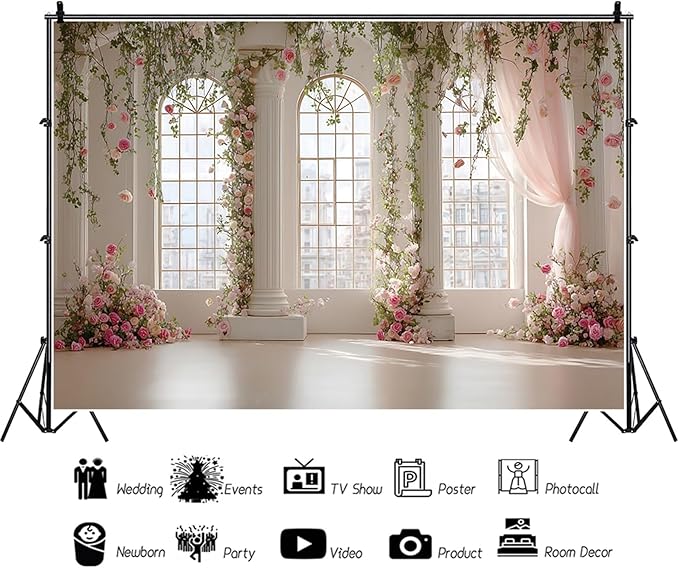 Baocicco Pink Palace Backdrops 20x10ft White and Pink Windowsills Botanical Background Princess Birthday Party Banner Supplies Wedding Ceremony Anniversary Engagement Banner Photo Booth Studio Prop