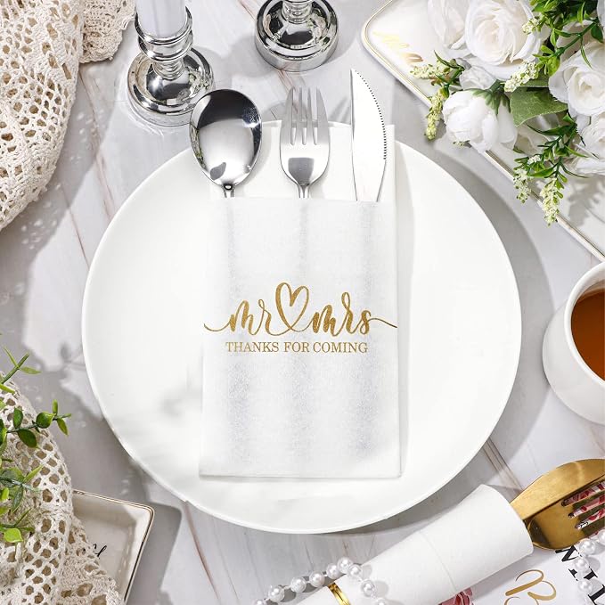Panelee 100 Pcs Wedding Napkins with Built-in Flatware Pocket Mr and Mrs Personalized Napkins Linen Feel Disposable Dinner Supplies for Wedding Reception Bridal Shower Party Decor(Gold)