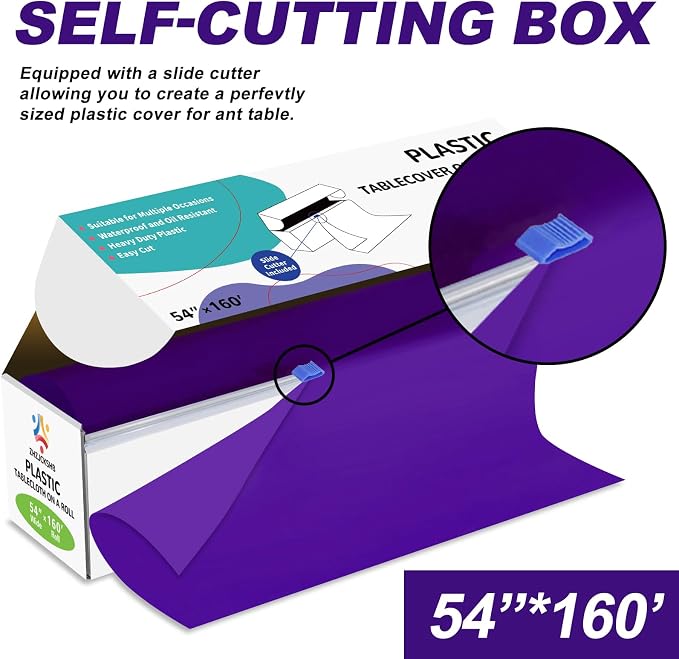 54IN X 160FT Plastic Table Cover Roll with Cutter Box, Cut to Size Plastic Table Cloths for Parties, Birthday, Disposable Tablecloth Roll for All Shape Tables (Purple, 54 Inch X 160 Feet)