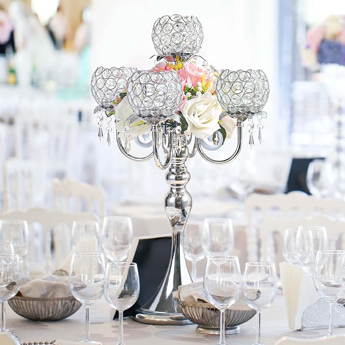 Silver 5 Arms 22.5 Inch Crystal Exquisite Candle Holder with Pendant, Elegant Table Decoration Home Decor for Restaurant Party Birthday Wedding Date