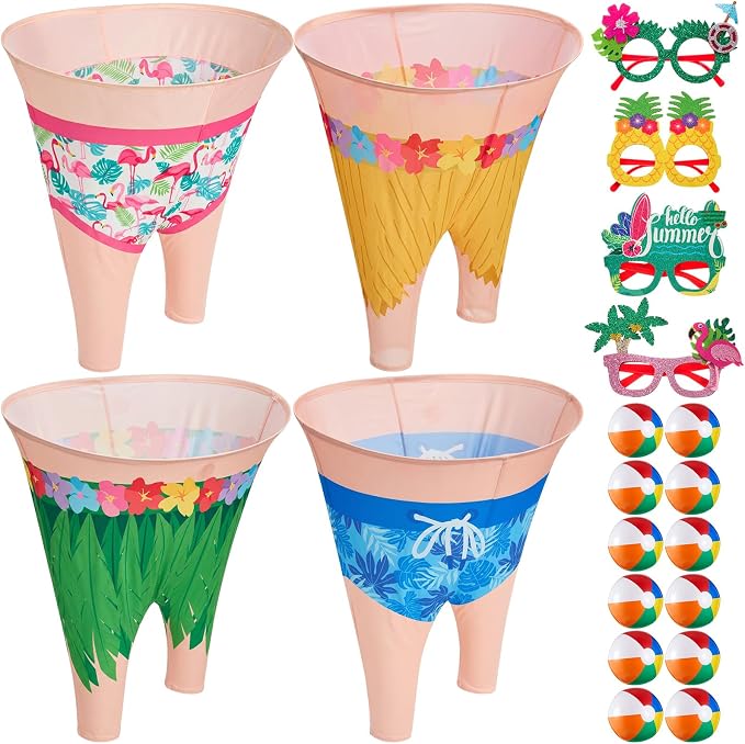 21 Pcs Hawaiian Luau Party Game Set, 4 Summer Theme Giant Granny Pants with 1 Pump 12 Beach Balls & 4 Funny Tropical Palm Flamingo Glasses, Outdoor Tossing Activity for Family Adults