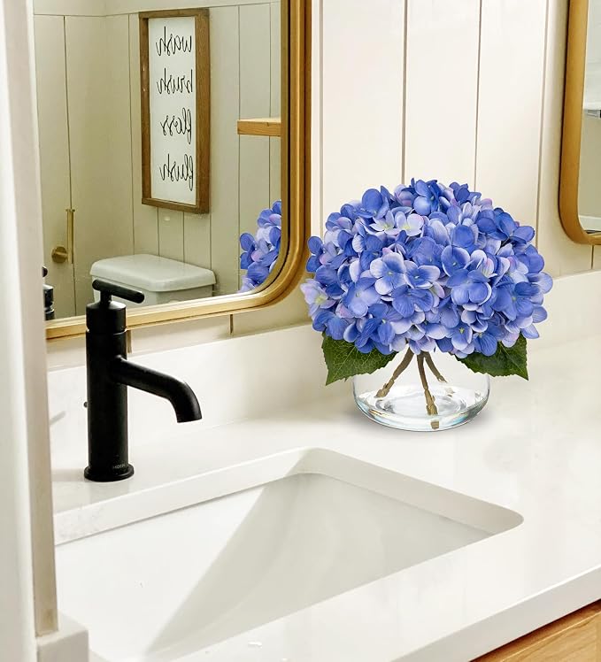 Hollyone Blue Hydrangea Artificial Flowers with Vase Silk Blue Hydrangeas Fake Flowers Arrangements Floral Bulk Bouquet in Glass Vase with Faux Water for Bathroom Table Centerpiece Home Decorations