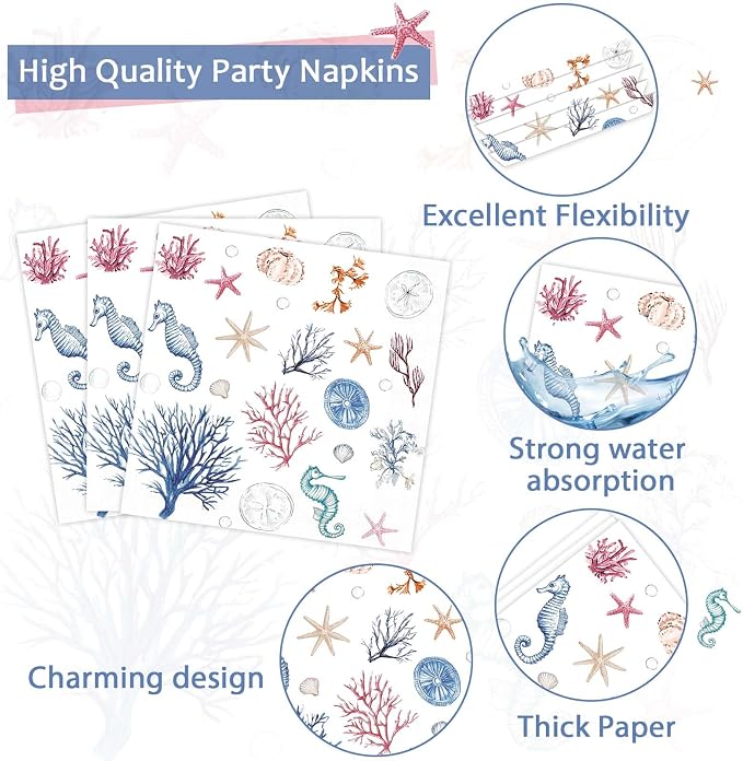 96Pcs Seashell Party Supplies Ocean Beach Birthday Plates and Napkins Blue Coastal Seashell Tableware Beach Disposable Dinnerware for Wedding Baby Shower Birthday Party Decorations for 24 Guests