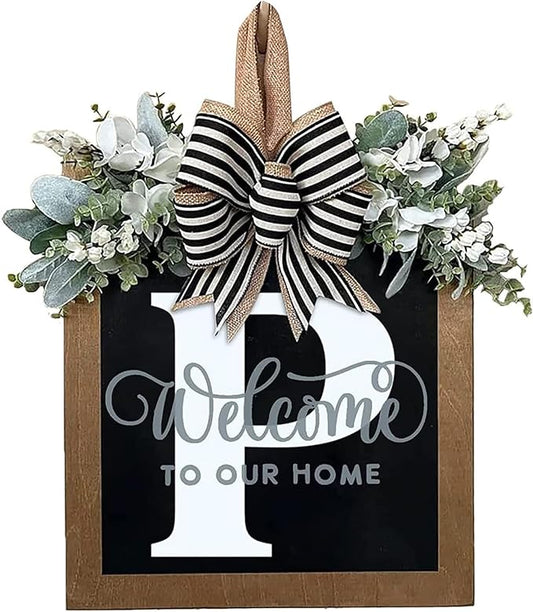 Last Name All Year Round Front Door Wreath with 26 Initial Letter Welcome Sign All Seasons Eucalyptus Garland and Bow ，Farmhouse, Porch, for Spring Summer Fall All Seasons Holiday Halloween Christmas.（P）