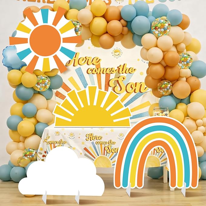 4 Pcs Here Comes the Son Baby Shower Decoration, Large Sun Cloud Rainbow Cardboard Cutouts Props, Retro Sunshine Themed Standups for Photo Booth & Boy First Birthday Decor