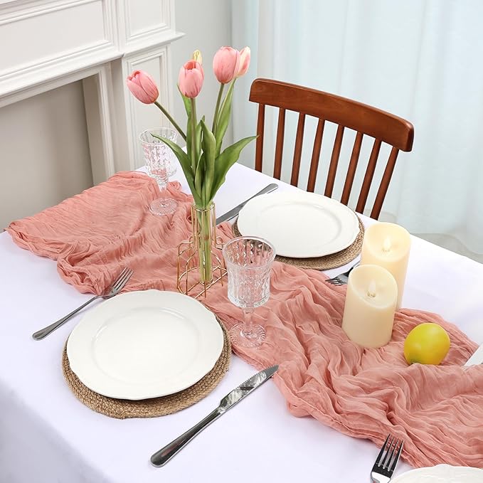 16 Pack Peach Cheesecloth Table Runner 10ft Boho Gauze Fabric 120 Inch Cheese Cloth Table Runner Rustic Sheer for Holiday Baby Shower Party Décor Home Wedding Decoration