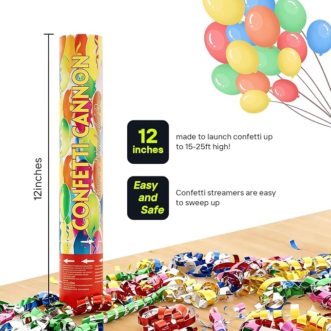 Confetti Poppers 12Pack Streamer Confetti Cannon 12inch Multicolor Confetti Party Poppers Foil Confetti Streamer Poppers Blaster for Wedding Birthday Graduation Party Christmas New Year Celebration