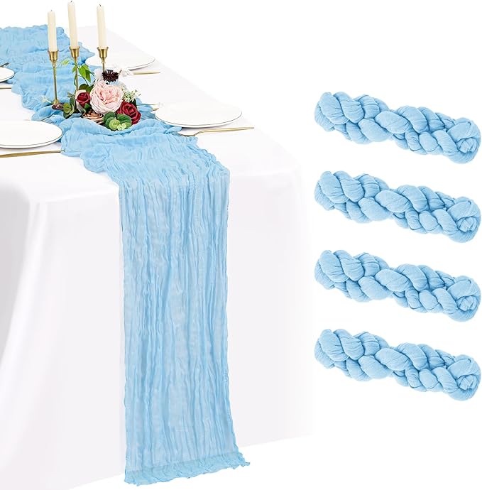 4 Pack Cheesecloth Table Runner 10FT Baby Blue Table Runner Light Blue Boho Gauze Cheese Cloth Table Runners Long Rustic Sheer Table Decorations for Wedding Party Baby Bridal Shower Birthday Holiday