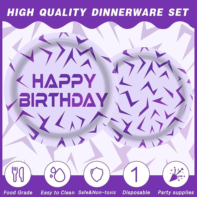 Demon Hunter Party Plates Set 140 Pieces, 20 Guests Heavy-Duty Disposable Dinnerware Set Includes Purple Holographic Laser Energy Pattern Plates, for Birthday Wedding for Party