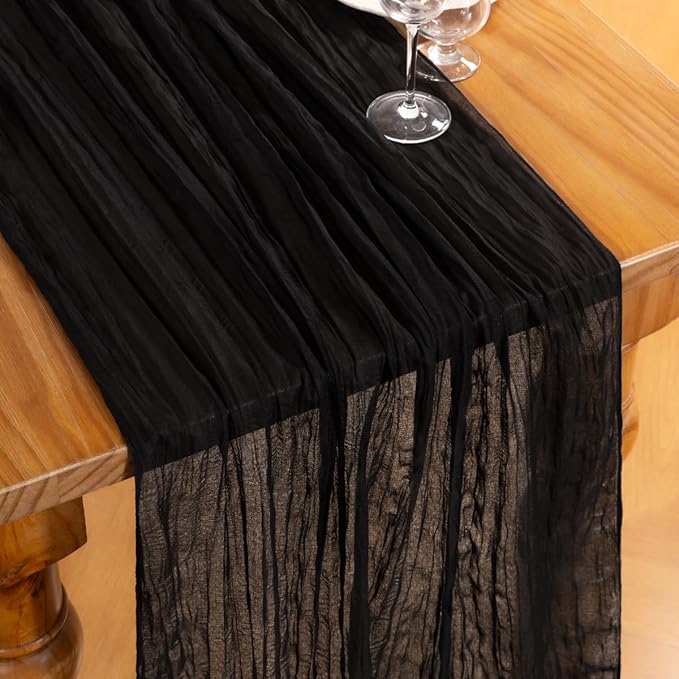 DeZerlor Black Cheesecloth Table Runner Spring Easter Table Runner 120 Inches Boho Gauze Cheese Cloth Table Decor for Wedding Bridal Baby Shower Parties