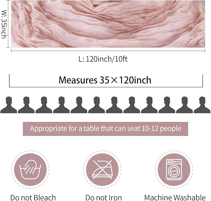 3 Pack Dusty Pink Cheesecloth Table Runner 35x120inch, 10FT Spring Summer Gauze Fabric Pink Table Runner Rustic Sheer Cheese Cloth Runners for Wedding Bridal Shower Boho Table Decor