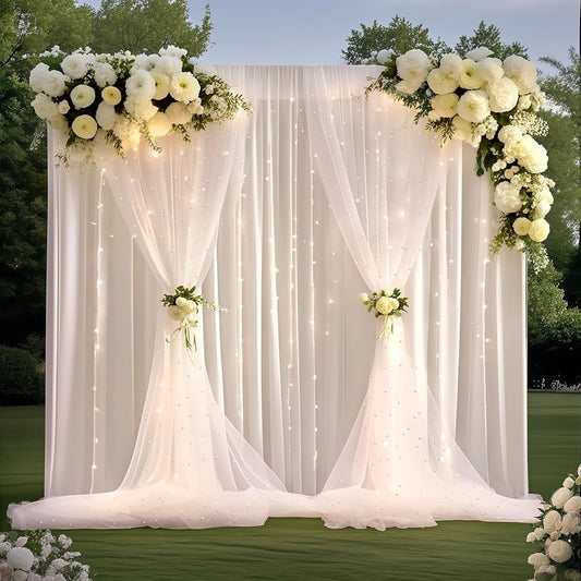 10 * 8FT White Pearl Tulle Double Layered Backdrop Curtain with Lights String and Lining Fabric for Wedding Baby Shower Birthday Parites Photo Decorations