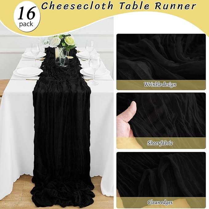 16Pack Black Table Runner 10FT Black Cheesecloth Table Runner 35x120Inch Long Boho Cheese Cloth Table Runners Rustic Gauze Table Runners for Party Wedding Table Decor