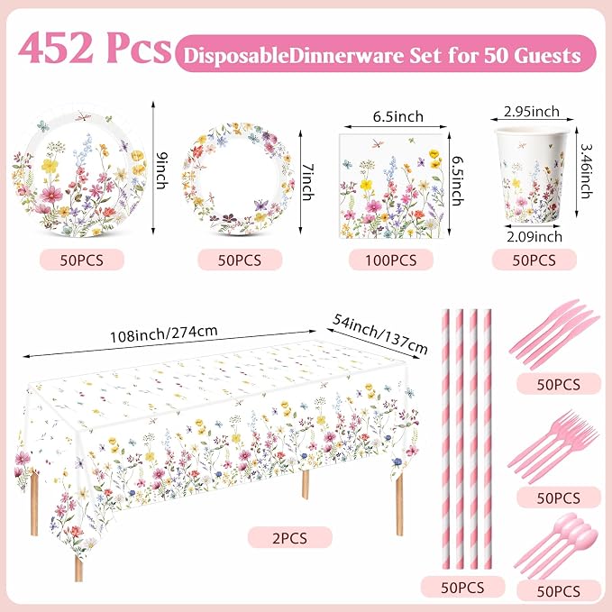 Funnymoom 452 Pcs Wildflower Party Decorations for 50 Guests, Spring Floral Paper Plates Napkins Cups Tablecloth Cutlery Straws for Wildflower Baby Shower Birthday Wedding Party Supplies